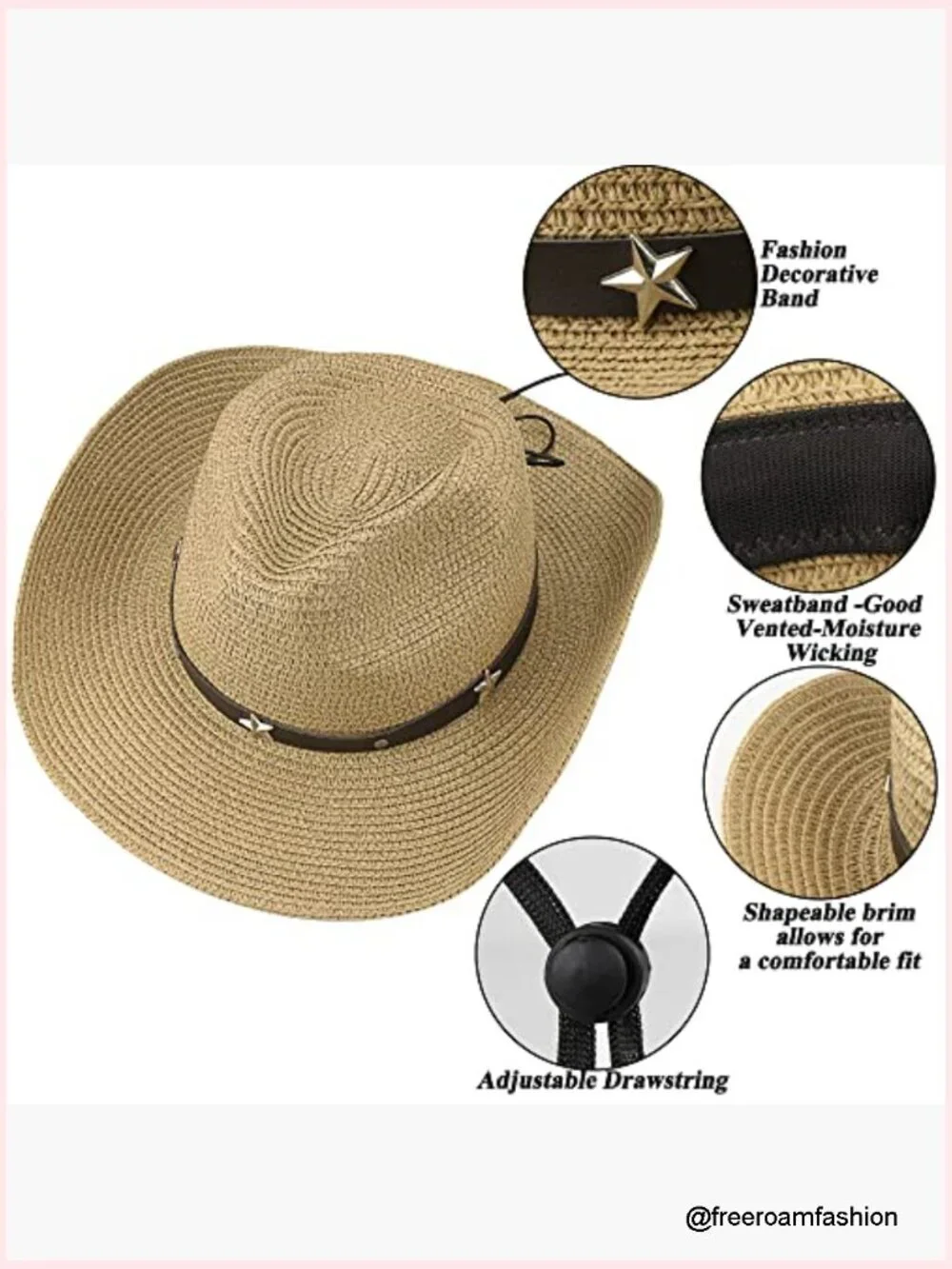 Straw Cowboy Hat Wide Brim Summer Sun Hat Cowgirl Western